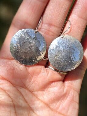 Handmade artisan hammered circle disc 925 sterling silver kidney wire hooks